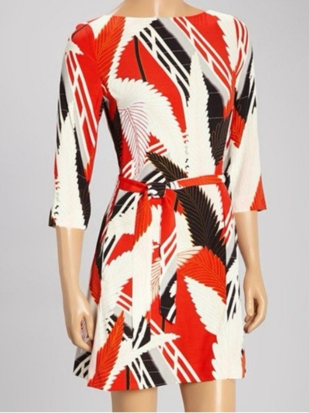 Red White Black Leaf Print Dress